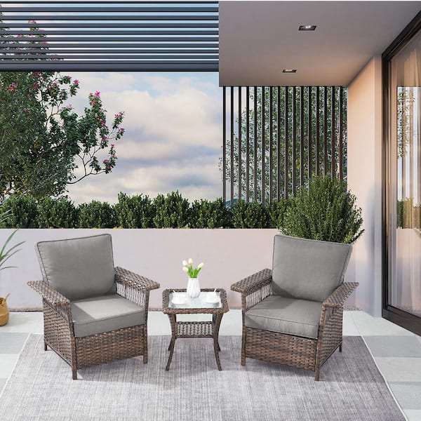 Gymojoy StLouis Brown 3-Piece Wicker Patio Conversation Set with Gray Cushions