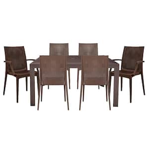 Mace 7-Pcs Patio Dining Set with Plastic Dining Side Chairs and Arm Chairs and Rectangular Dining Table (Brown)