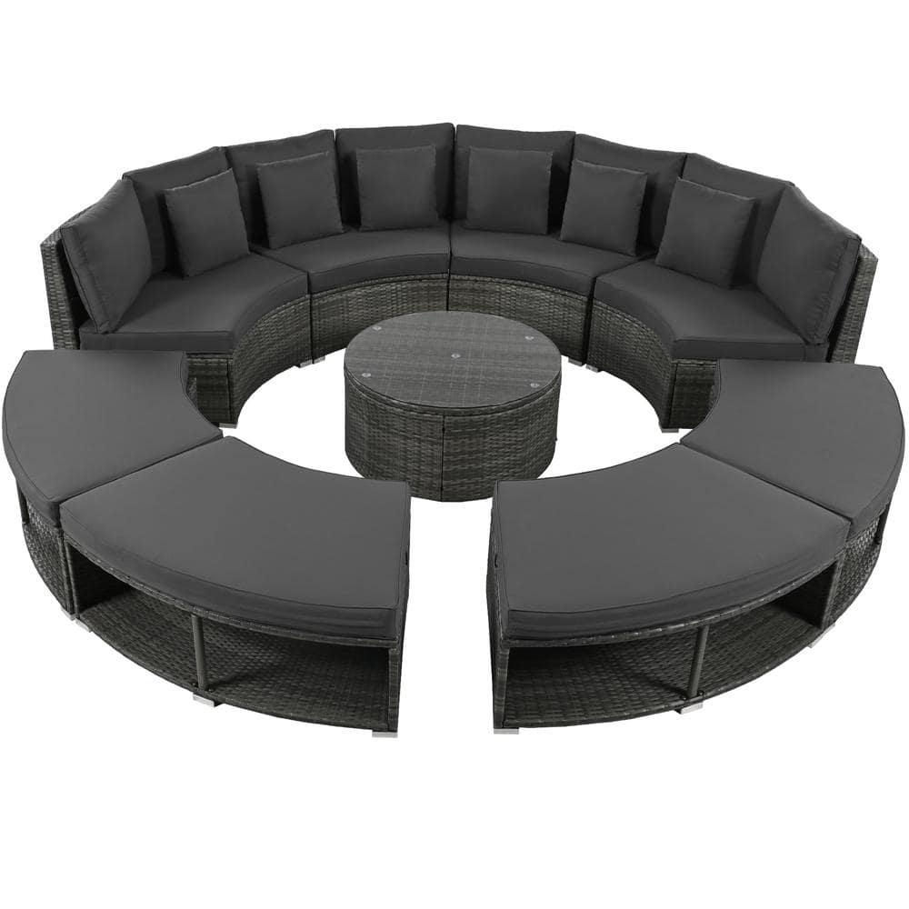 9-Piece Grey Rattan Wicker Outdoor Patio Sofa Set Sectional Sofa Lounge Set