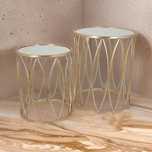 Benjara 22.45 in. Gold Round Glass Plant Stand with 1-Tier (Set of 2)