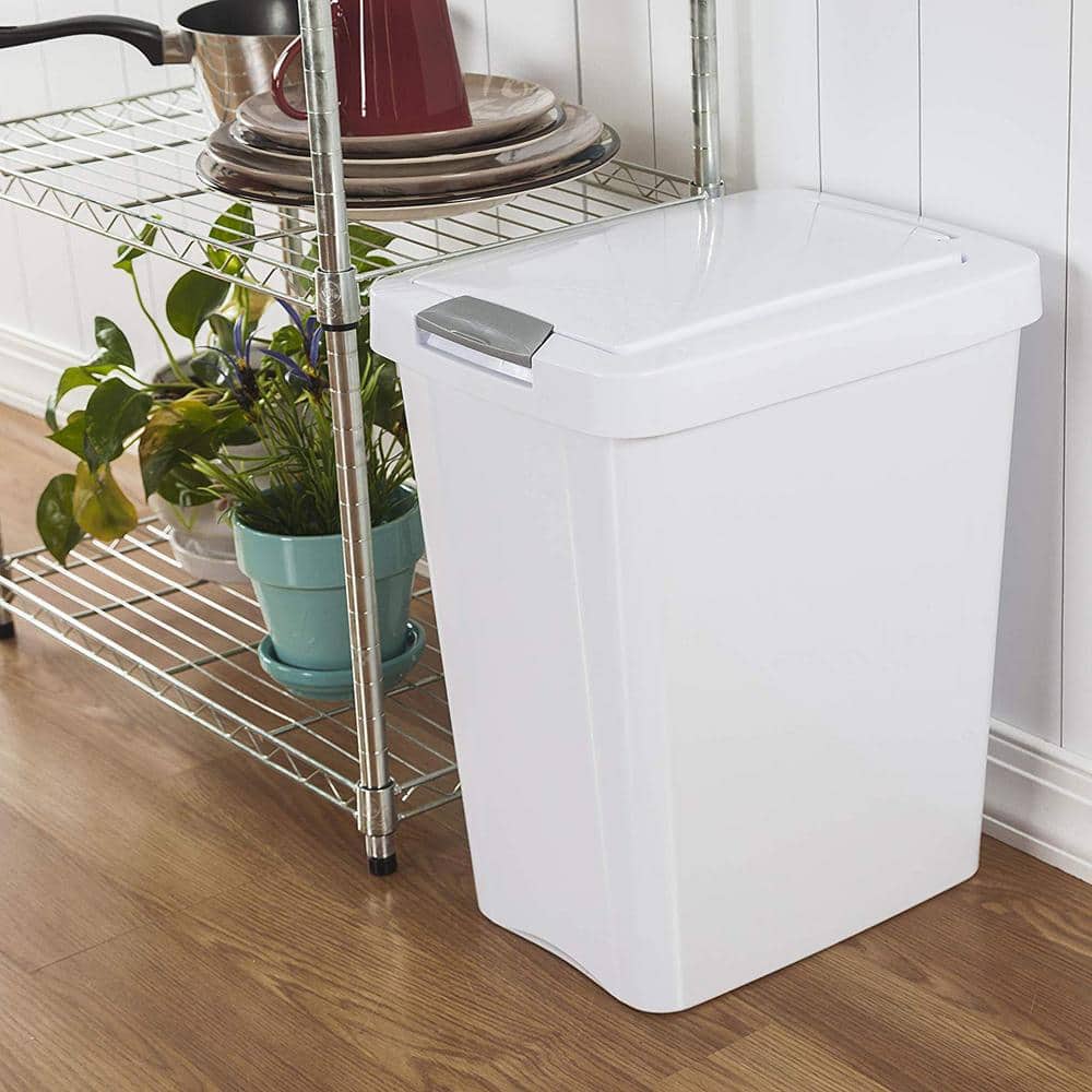 White Plastic TouchTop Wastebasket with Titanium Latch, 7.5 Gallon