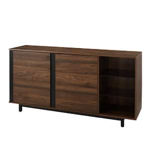 Dark Walnut Wood and Metal Contemporary Sideboard with Glass Shelves
