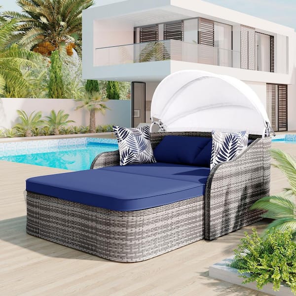 Sudzendf Gray Wicker Outdoor Day Bed with Blue Cushions, Pillows and Adjustable Canopy
