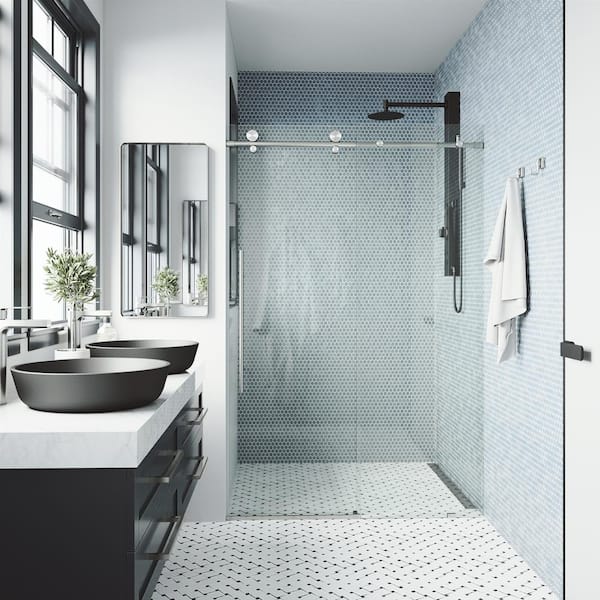 Elan E-Class 56 to 60 in. W x 76 in. H Frameless Sliding Shower Door in Stainless Steel with 3/8 in. Clear Glass