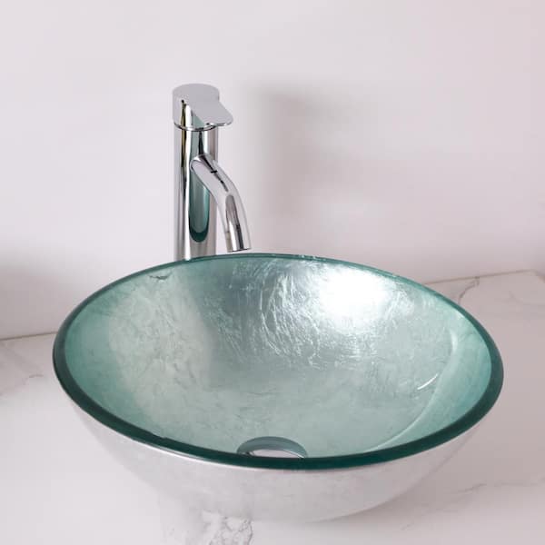 15.5 in. Round Vessel Sink Glass Bathroom Sink with Drain in Silver Glass