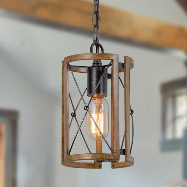 Gina 1-Light Modern Farmhouse Pendant Industrial Gray Drum Cage Island Bar Mini Pendant with Faux Wood Accents