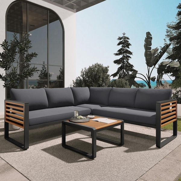 Sudzendf 4-Piece Metal and Wood L-Shaped Patio Conservation Set with Gray Soft Cushion and a Coffee Table for Garden, Backyard