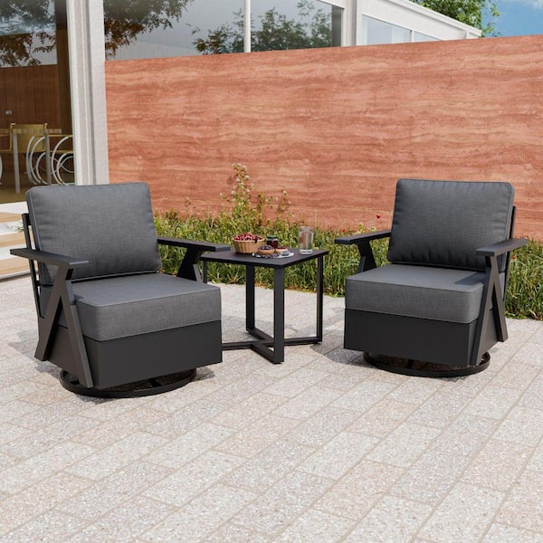 Modern 3-Piece Patio Set: 2 Swivel Rocking Chairs with Side Table Black Steel with Weather-resistant Gray Cushions