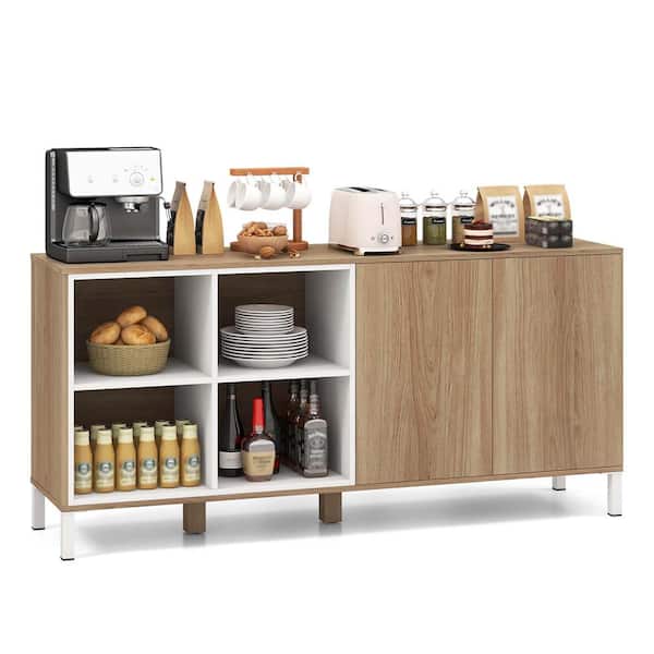 Costway Natural Wood 63 in. Buffet Sideboard with 4 Compartments Adjustable Shelf