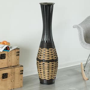 Elegant Antique 34-in.-tall Trumpet Style Floor Vase - with Decorative Bamboo Rope Accent - Rich Brown Finish