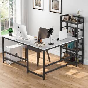 Lantz 57 in. L-Shaped Desk Black and White Engineered Wood Computer Desk with Reversible Bookshelf