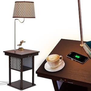 Madison 56 in. Havana Brown Modern LED Bedside Table Lamp with Fabric Drum Shade and Built-In Wireless Charging Pad