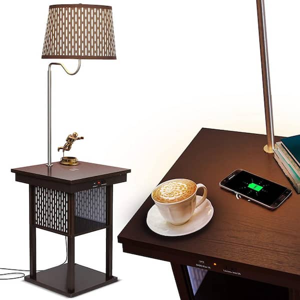 Brightech Madison 56 in. Havana Brown Modern LED Bedside Table Lamp with Fabric Drum Shade and Built-In Wireless Charging Pad