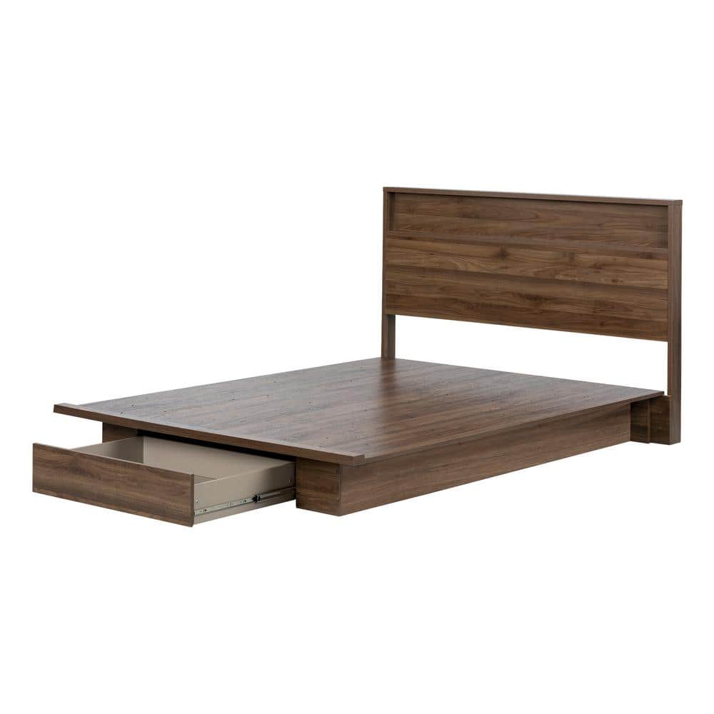 Queen Walnut Wood Frame Platform Bed with Storage Drawer