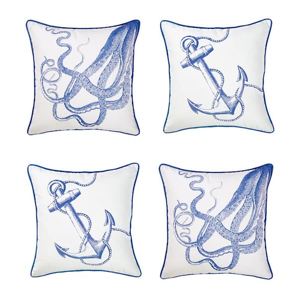 Nautical Coastal Anchor & Octopus Decorative Set of 4 Throw Pillow Covers 18 in. x 18 in. Square White & Blue