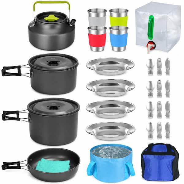 29-Piece Anodized Aluminum Nonstick Cookware Set in Gray with Stainless Steel Cups Plates Cutleries for Camping