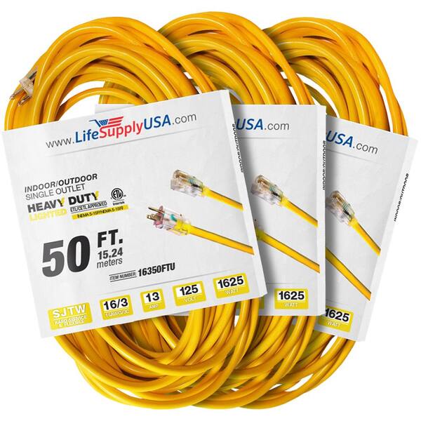 LifeSupplyUSA 50 ft. 16-Gauge/3-Conductors SJTW Indoor/Outdoor Extension Cord with Lighted End Yellow (3-Pack)