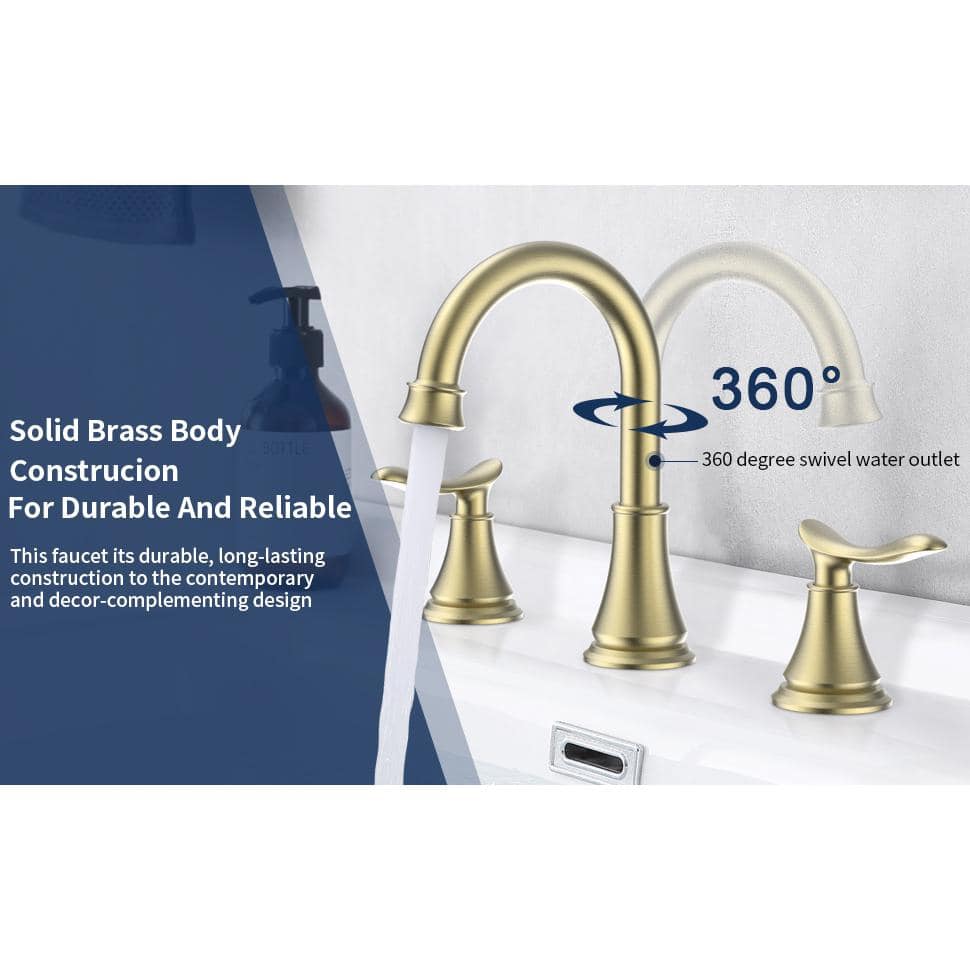 Brushed Gold Double Handle Widespread Bathroom Faucet with Drain Kit