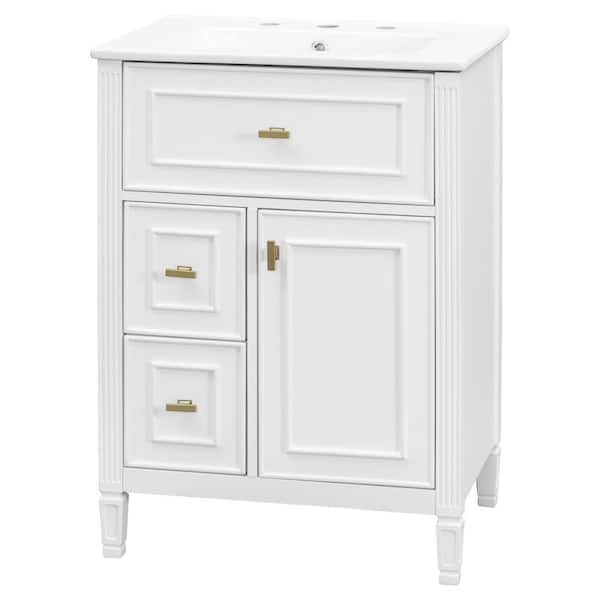 24 in. Freestanding White Bath Vanity with White Ceramic Top, Flip Drawer, Adjustable Shelf, Unassembled
