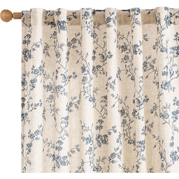 Blue on Beige Polyester 50 in. W x 108 in. L Back Tab Room Darkening Curtain (Double Panel)