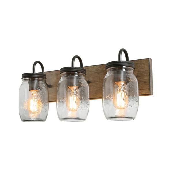 Laluz Dallas Farmhouse 3 Light Black Bathroom Or Powder Room Wall Sconce With Mason Jar Shades And Wood Accents Lliebyhl13551mn The Home Depot