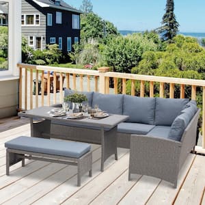 4-Piece Metal Plastic Rattan Patio Conversation Set with Blue Cushions, 3 Seater Sofa, Dining Table, and Long Bench