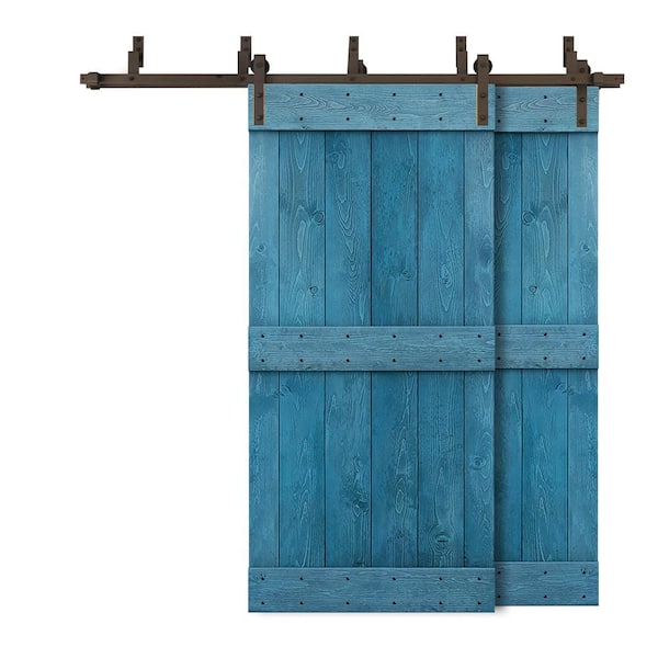 CALHOME 64 in. x 84 in. Mid-Bar Bypass Ocean Blue Stained DIY Solid Wood Interior Double Sliding Barn Door with Hardware Kit
