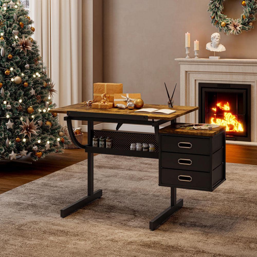 45.67 in. Rectangular Black Wood Adjustable Drafting Table Drawing Desk with 3-Drawer and Stool Metal Frame (2-Pieces)