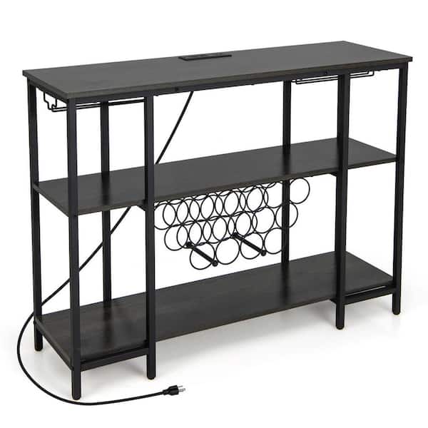 Costway Grey Cabinet Bar Table Rack Table for Drinks Glasses with Power Outlets