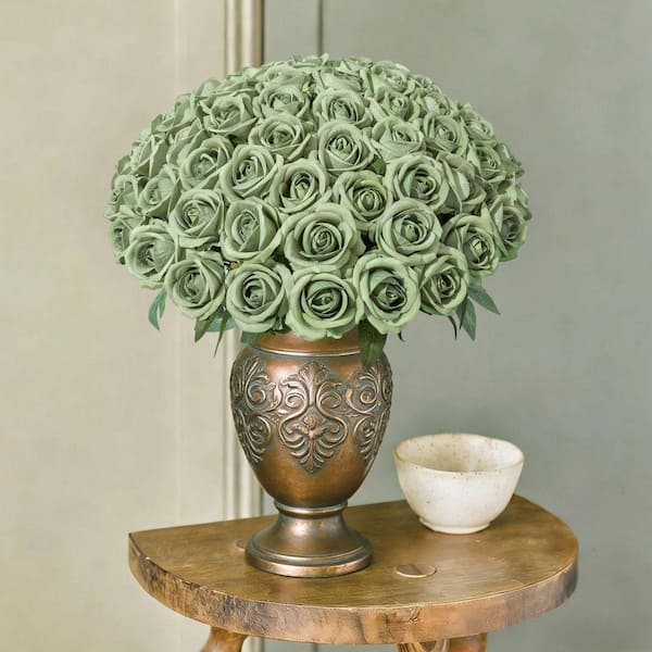 20.1 in. Botanical Series Green Indoor Artificial Roses in Clear