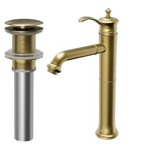 Vineyard Single-Handle Single-Hole Vessel Bathroom Faucet with Matching Pop-Up Drain in Brushed Gold