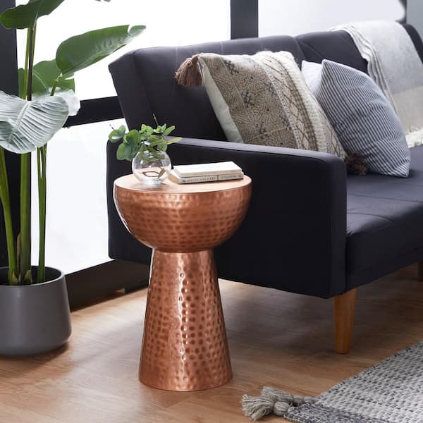 Litton Lane 14 in. Copper Large Round Metal End Accent Table with Hammered Design