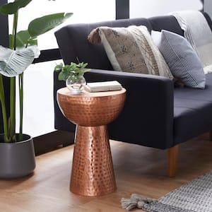 14 in. Copper Large Round Metal End Accent Table with Hammered Design