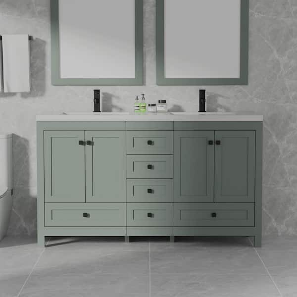 60 in. W. x 18 in. D x 34 in. H Sink Bath Vanity in Green with White Resin Double Sink Top and Drain Faucet Set