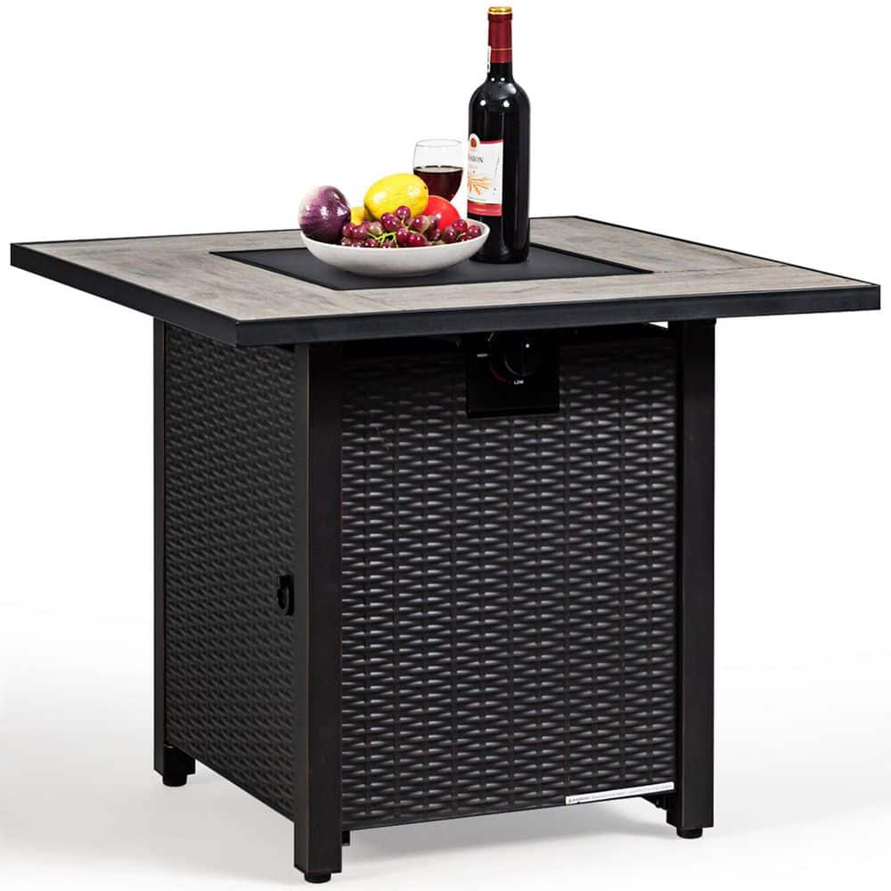 30" Black Steel Square Gas Fire Pit Table with Ceramic Tile Top