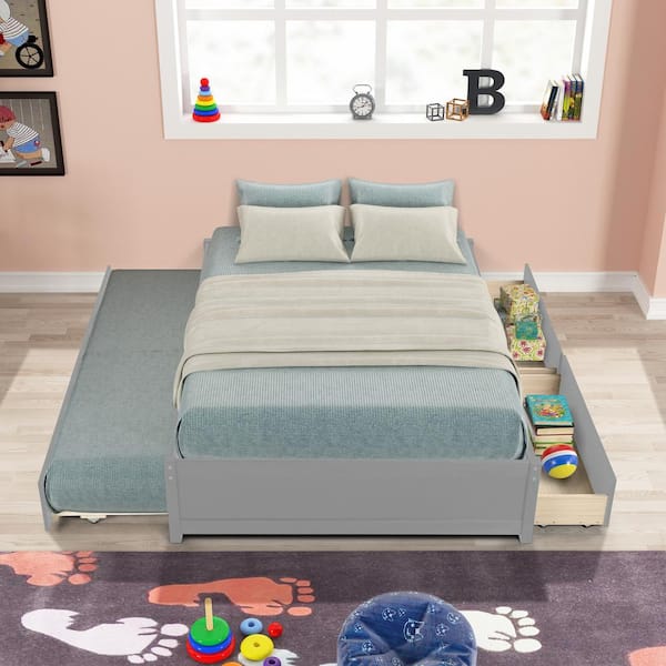 ANBAZAR Gray Full Size Platform Bed with Twin Trundle and 2-Drawers, Wood Kids Captain Platform Bed Frame with Wood Slats