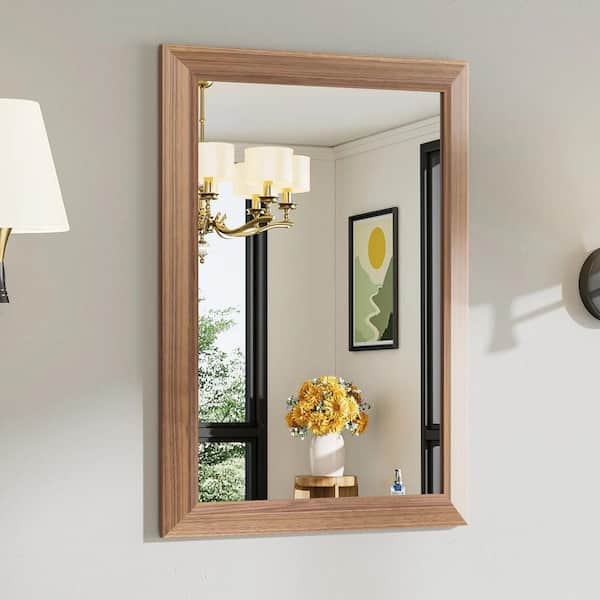 24 in. W x 32 in. H Rectangular Framed French Cleat Wall Mounted Tempered Bathroom Vanity Mirror in Light Yellow Wood
