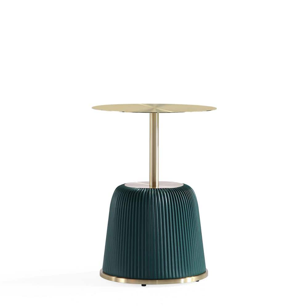 Green and Gold Metal Round Accent Table with Ridged Base