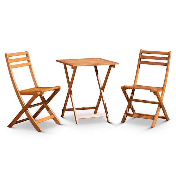 3-Piece Square Eucalyptus Wood Bistro Outdoor Bar Stool Set Patio Conversation Set in Natural Color