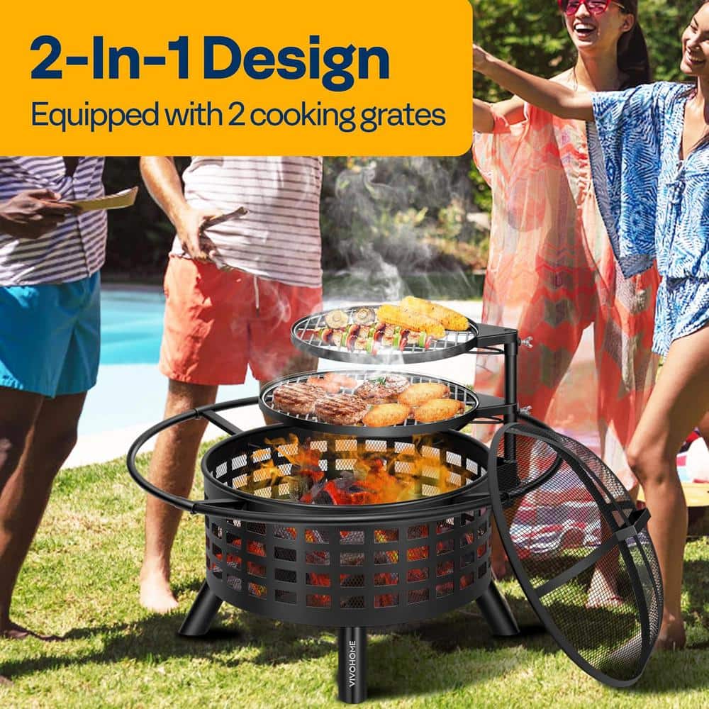 36-Inch Black Metal Round Fire Pit with Dual Grills