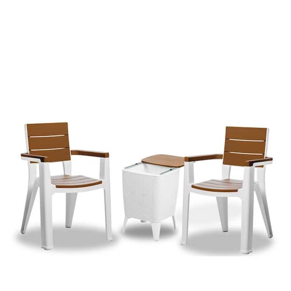 MQ White and Teak Brown 3-Piece Plastic Patio Conversation Set