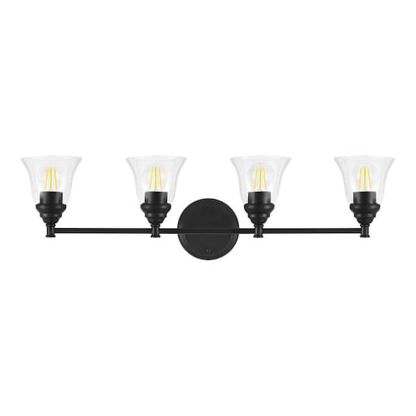 Photo 1 of 32.25 in. Marsden 4-Light Matte Black Transitional Bathroom Vanity Light with Clear Glass Shades