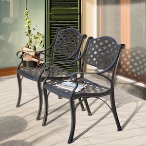 2-Piece Cast Aluminum Outdoor Arm Dining Chair Patio Bistro Chairs in Black