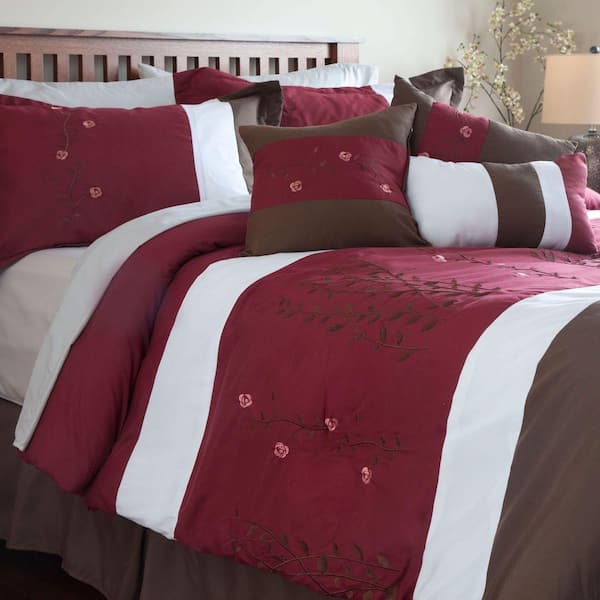Lavish Home Sarah 7-Piece Red Embroidered King Comforter Set