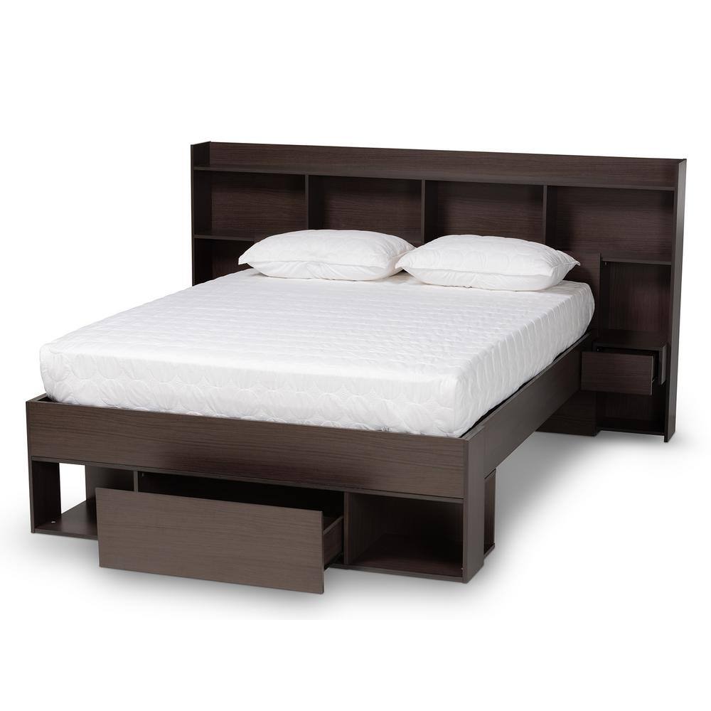 Dexton Dark Brown Queen Wood Platform Storage Bed with Shelves