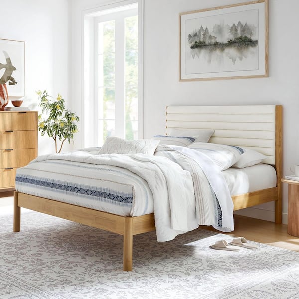 Olea Feather Oak Brown Solid Wood Frame King Platform Bed with Channel Tufted Boucle Fabric Headboard