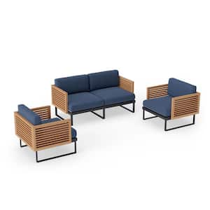 Monterey 4-Seater 3-Piece Aluminum Teak Outdoor Patio Conversation Set With Spectrum Indigo Cushions