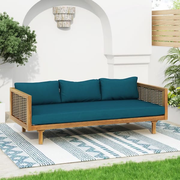 Teak Color Wood Frame 3 Seater Outdoor Day Bed with Rattan Arms, Teal Cushions