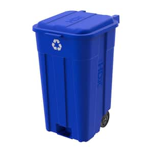 45 Gal. Blue Outdoor Vented Recycling Trash Can with Wheels, Attached Lid, Rounded Handles, and Reinforced Foothold