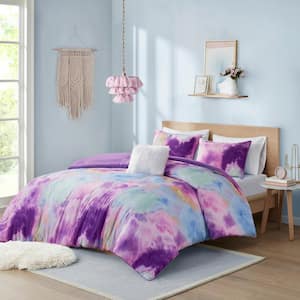 Karissa 4-Piece Lavender Full/Queen Watercolor Tie Dye Printed Polyester Comforter Set with Throw Pillow